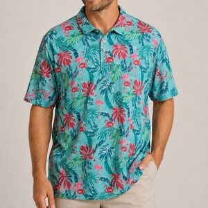 IZOD Golf Flamingo Tropical Polo Shirt XXL Aqua Pink Performance Stretch Top